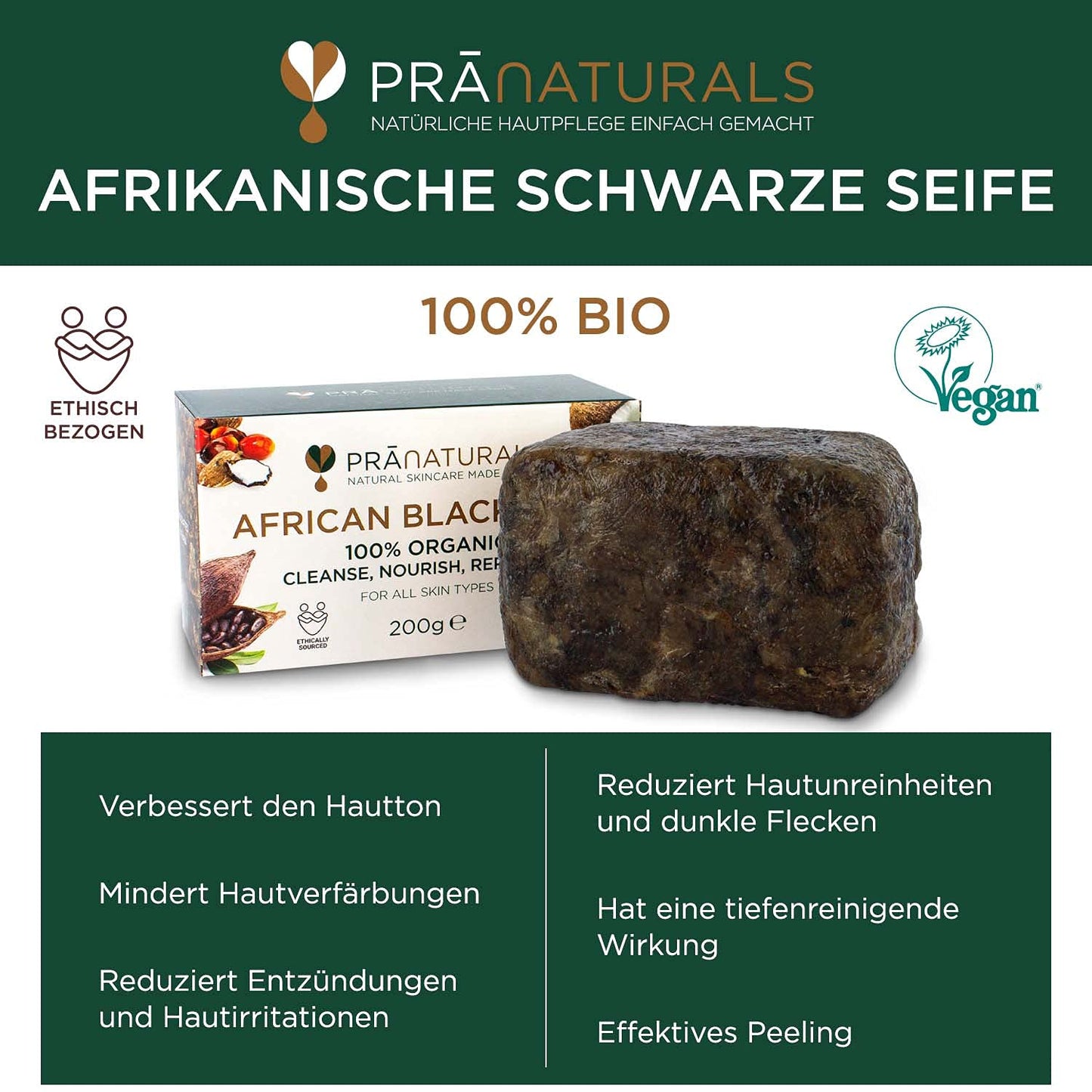 Pranaturals Organisch Afrikanische Schwarze Seife 200G, Vegan Kosmetik, Für Alle Hauttypen, Handgefertigt Im Tropischen Ghana (1X200G)