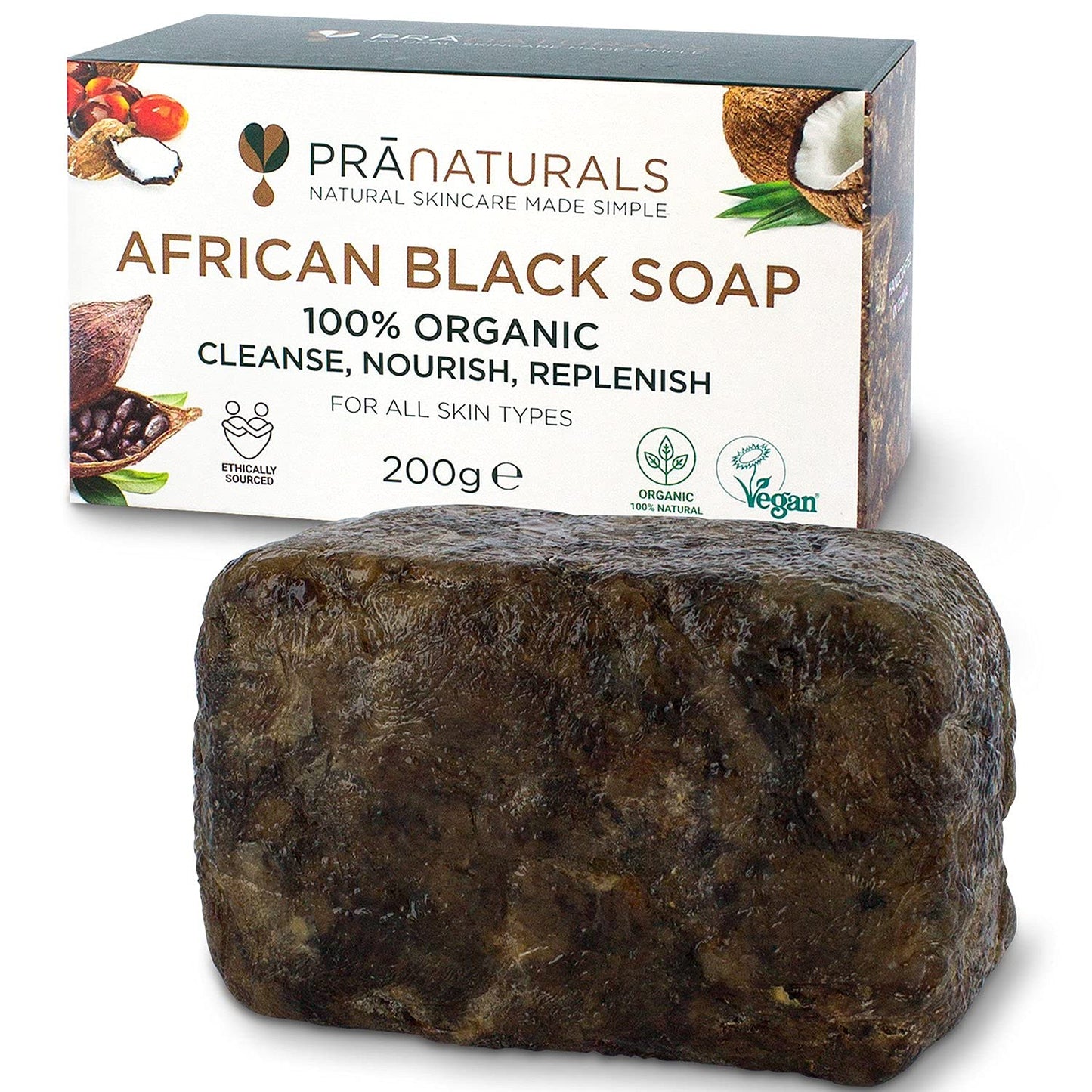 Pranaturals Organisch Afrikanische Schwarze Seife 200G, Vegan Kosmetik, Für Alle Hauttypen, Handgefertigt Im Tropischen Ghana (1X200G)