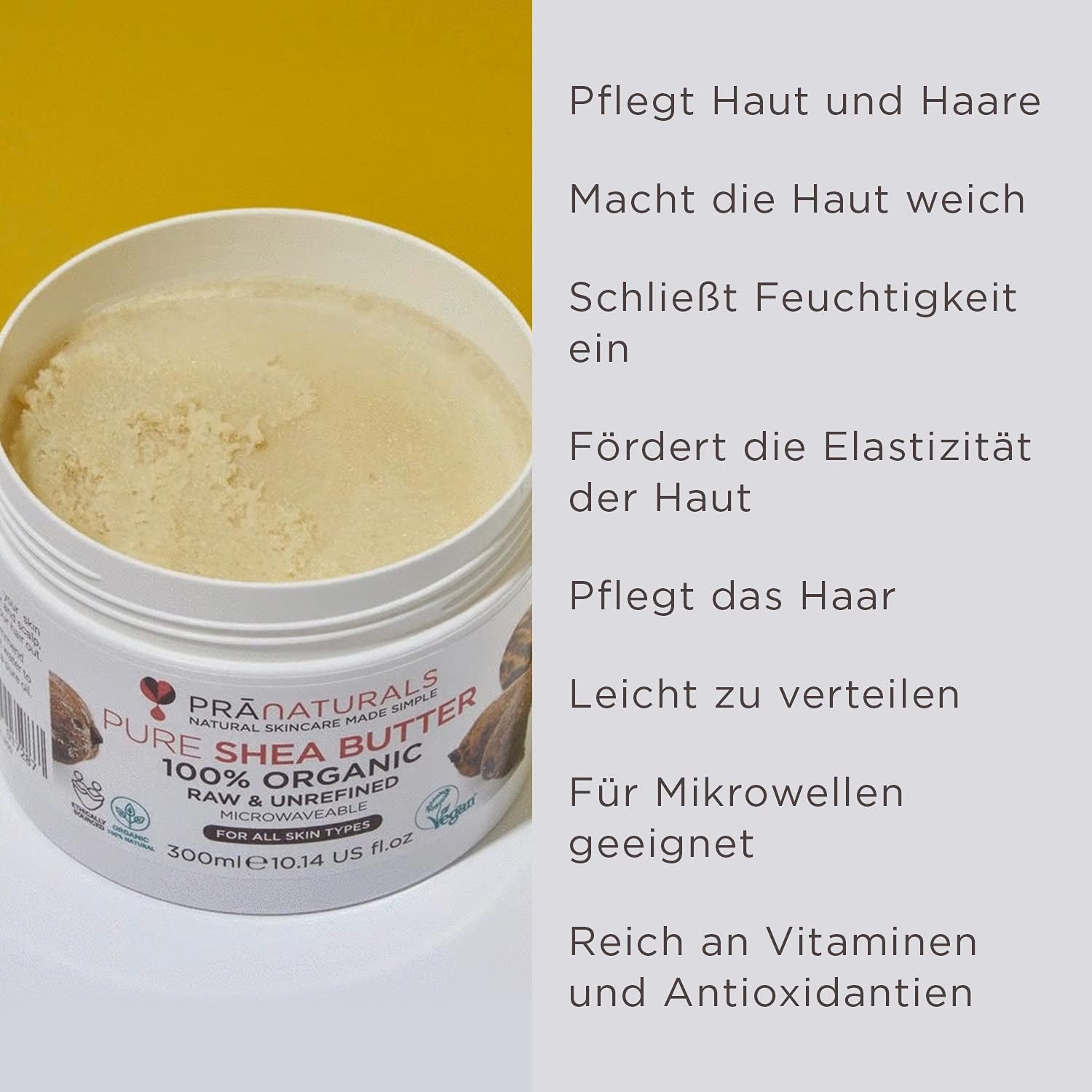 Pranaturals 100% Bio Sheabutter 300Ml, Rohes, Unraffiniertes Extra Virgin A-Grade African Pure Elfenbein All-Natural, Glatte Shea-Nuss-Lippenbalsam-Körperbutter Für Alle Hauttypen