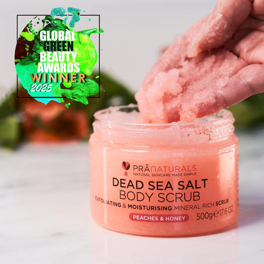 Pranaturals Körperpeeling Mit Salz Aus Dem Toten Meer 500G - Feuchtigkeitsspendend & Pflegend, Natürlichen Ölen & Mineralstoffen, Keine Parabene, Vegan, Frei Von Tierversuchen (Pfirsiche Und Honig)
